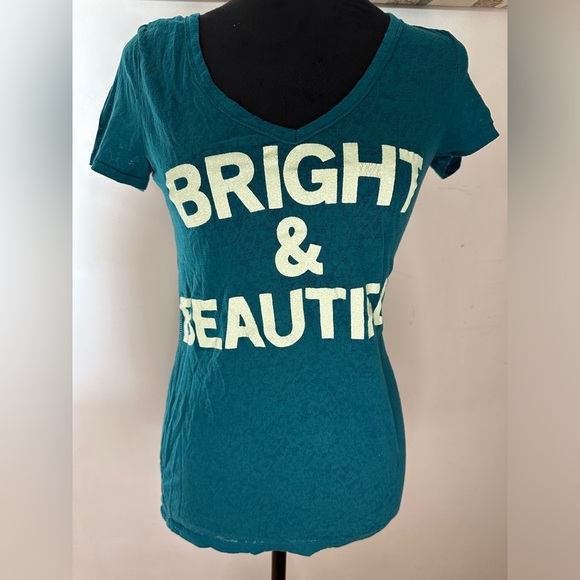 American Eagle Outfitters “Bright & Beautiful” Teal V-Neck Shirt Size Small - Picture 2 of 6